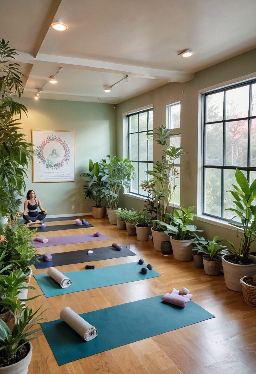 A serene indoor wellness center with soft lighting, featuring a diverse group of people engaging in yoga and meditation, surrounded by plants representing healing and growth. In the background, there are informative posters about oncology preventive care. The atmosphere conveys a sense of tranquility and health, illustrating the journey from awareness to action in holistic wellness. soft pastels. vibrant colors. cozy ambiance.