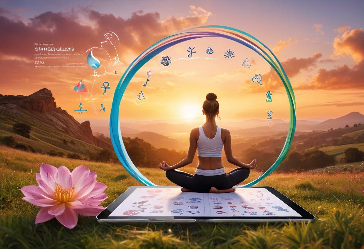 A serene landscape with a sunrise symbolizing hope, featuring a diverse group of people engaging in wellness activities like yoga and meditation. Include elements representing cancer awareness, such as ribbons in the foreground, alongside medical symbols like a stethoscope and a tablet with treatment information. The atmosphere should exude positivity and strength, showcasing unity and empowerment in the face of adversity. super-realistic. vibrant colors. warm tones.